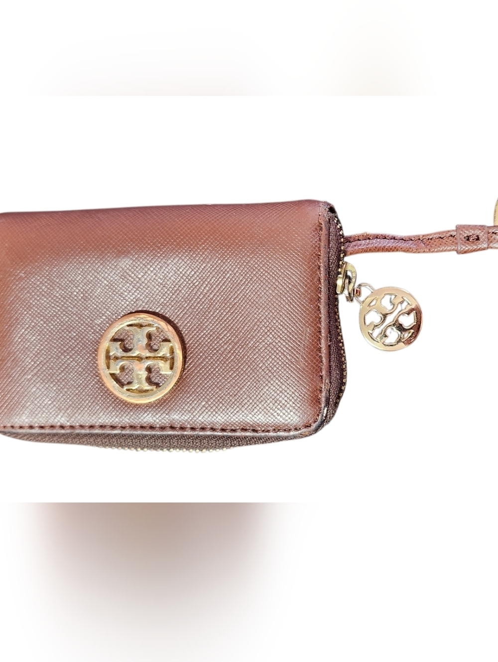 Tory Burch Brown Saffiano Leather Zip Coin Purse Wallet Key Ring Logo Compact